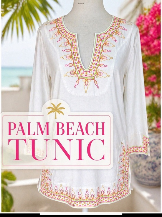 Lilly Pulitzer Tops - Lilly Pulitzer Embroidered Palm Beach Tunic Top White Pink Green Gold Small